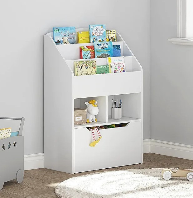 lot 33 image: Bookshelf and Toy Storage Organizer, Bookcase Storage for Kids with Rolling Toy Box