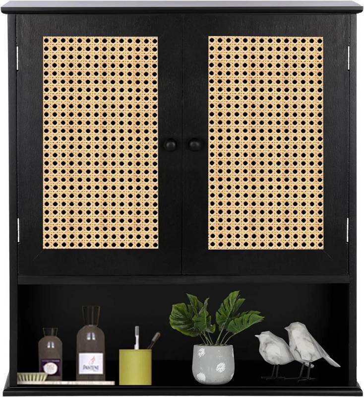 lot 15 image: Bathroom Medicine Cabinet Wall Mounted,Black Rattan Storage Cabinet