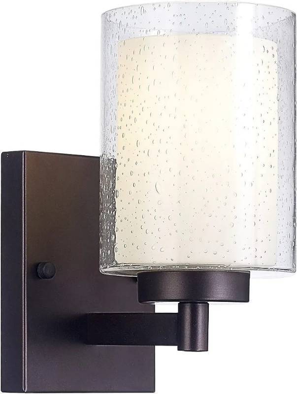 lot 32 image: Alolvios 1-Light Vintage Wall Light Fixture, Dual Seedy Glass and Oil Rubbed Bronze Finish
