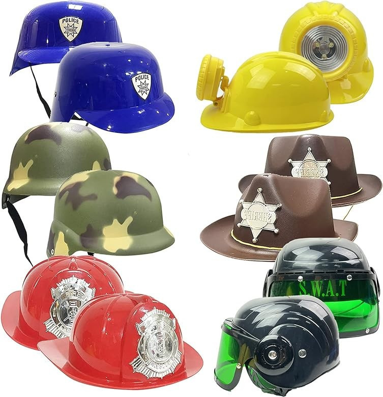 lot 87 image: 6 PACK - Dress Up Pretend Career Role Play Hard Hats & Helmets (Police, Fireman, Construction, SWAT, Cowboy, Army)