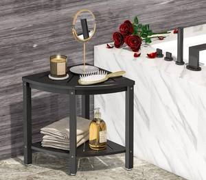 lot 80 image: Bamboo Corner Shower Bench Waterproof Stool with Space-Efficient Storage Shelf