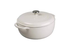 lot 15106 image: $$ Lodge 7.5 Quart Enameled Cast Iron Dutch Oven with Lid  Dual Handles  Oven Safe up to 500° F or on Stovetop - Use to Marinate, Cook, Bake, Refrigerate and Serve  Oyster White - Retail $100