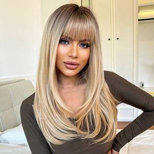 lot 15135 image: HAIRCUBE Long Blonde Wigs for Women Straight Synthetic Layered Wig with Bangs and Dark Roots