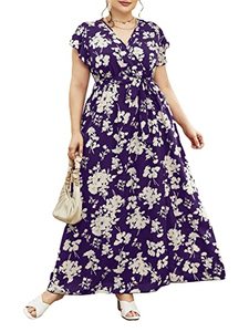 lot 15188 image: MakeMeChic Womens Plus Size Casual Boho Floral Short Sleeve High Waist A Line Swing Maxi Flomal Dress Violet Purple 4XL