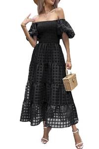 lot 15193 image: PRETTYGARDEN Womens Casual Summer Midi Dress Puffy Short Sleeve Square Neck Smocked Tiered Ruffle Dresses (Plaid Black,Large)