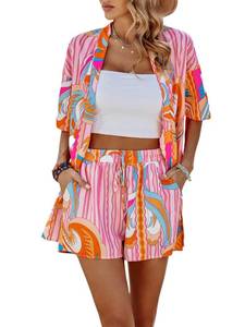 lot 15194 image: MakeMeChic Womens Boho 2 Piece Outfits Tropical Open Front Kimono Blouse and Shorts Set Multi Pink S