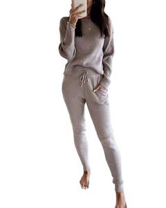 lot 15198 image: Eurivicy Womens Fall Rib Knit 2 Piece Outfit sets Long Sleeve Pullover Sweater Top and Drawstring Long Pants with Pockets Grey. Medium