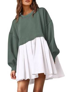 lot 15201 image: PRETTYGARDEN Womens Casual Sweatshirt Dress Long Sleeve Patchwork Pullover Tops Pleated Mini Dresses (Green,X-Large)