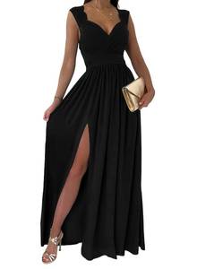lot 15202 image: Dokotoo Ladies Elegant Floor Length A Line Wrap Deep V Neck Backless Ruched Pleated Ruffled Split Long Maxi Formal Evening Party Prom Dress Bridesmaid Wedding Guest Dresses for Women Black L