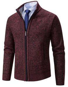 lot 15206 image: Neecan Mens Full Zip Cardigan Sweater Slim Fit Cable Knitted Zip Up Sweater with Pockets Wine Red L