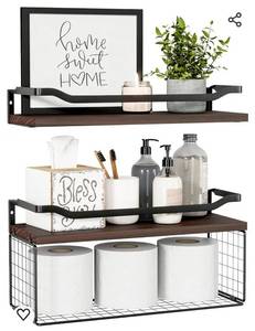lot 15239 image: WOPITUES Floating Shelves with Wire Storage Basket, Bathroom Shelves Over Toilet with Protective Metal Guardrail, Wood Wall Shelves for Bathroom, Bedroom, Living Room, Toilet Paper- Dark Brown