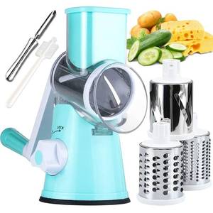 lot 15260 image: KEOUKE Rotary Cheese Grater with Handle Vegetable Cheese Shredder Slicer Grater for Kitchen 3 Changeable Blades for Cheese Potato Zucchini Nuts Chocolate - Light Blue