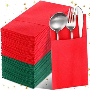 lot 15272 image: Christmas Linen Feel Dinner Napkins with Built in Flatware Pocket Disposable Airlaid Paper Napkins Bulk Pre Folded Napkins for Guest Kitchen Party Bathroom or Event(Red, Green, 100 Pcs)