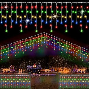 lot 15273 image: Christmas Icicle Lights Outdoor Decoration, Colorful LED String Lights Lights 8 Modes, 30FT 300LED Hanging Twinkle Fairy Lights 60 Drops for Roof Window Home Party Garden Yard Christmas Decoration