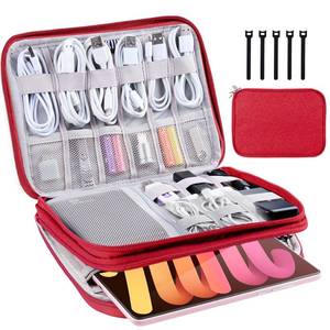 lot 15280 image: CNPOP Electronics Organizer,Travel Cable Organizer Bag,Water Resistant Double Layers Pouch for Cable,Cord,iPhone,iPad Mini,Gift for Men Electronic Accessories Storage Case with 5 Cable Ties,Red