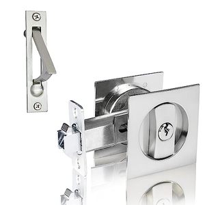 lot 15314 image: Dontay Pocket Door Lock with Key, Contemporary Entry Square Sliding Barn Door Lock Latch, Recessed 2 Sided, 2 38 Backset, Invisible Hardware (Brushed Nickel  Edge Pull)