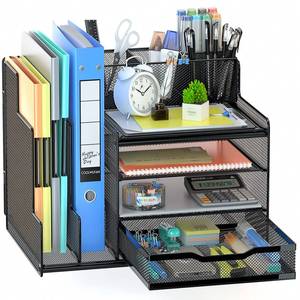 lot 15315 image: VIVSOL Desk Organizer with Mesh File Holder, 4-Tier Office Supplies Desk Organizers and Accessories with Sliding Drawers & Pen Holder, Desk File Organizer and Storage for Office, School, Home, Black