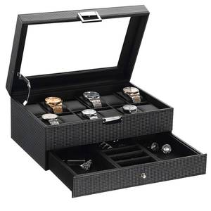 lot 15319 image: BEWISHOME Watch Box Organizer with Valet Drawer - Real Glass Top, Adjustable Tray, Metal Hinge, Carbon Fiber Design - 12 Slots Watch Storage Case for Men, Black SSH02C