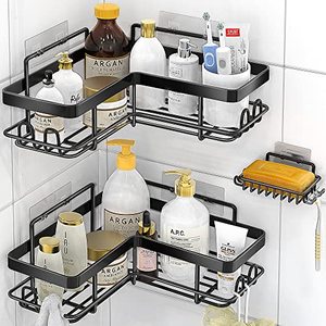 lot 15329 image: Moforoco Adhesive Corner Shower Caddy, 3 Pack Organizer Shelf with Soap Holder and 12 Hooks, Shelves Rustproof for Bathroom, Storage Basket Bathroom Accessories(Black)