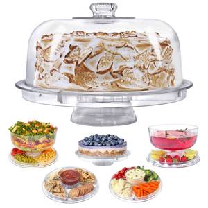 lot 15346 image: Lillian Tablesettings Cake Stand with Dome Cover, 6-in-1 Multi-Purpose Use, Serving Platter, Punch Bowl, Desert Platter and More, BPA Free, Clear (60220)