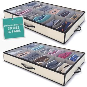 lot 15349 image: Woffit Under Bed Shoe Storage Organizer  Set of 2 Large Containers, Each Fit 12 Pairs of Shoes  Sturdy Box wStrong Zipper &amp Handles - Dimensions 32L x 25W x 6H