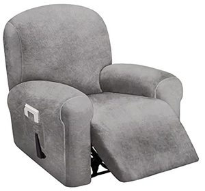 lot 15353 image: ULTICOR 4-Piece, 1 Seat Recliner Cover, Velvet Stretch Reclining Chair Covers for 1 Cushion Reclining Sofa, Single Seat Recliner Couch Cover, Thick, Very Soft, Machine Washable (Light Grey)