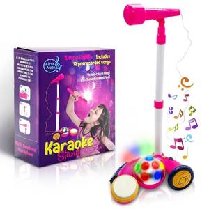 lot 15366 image: Kids Microphone with Stand, Sing Along Kids Karaoke Machine, Musical Singing Toy, Microphone for Kids with Flashing Stage Lights and Pedals for Fun Sound Effects by First Note USA, Blue