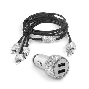 lot 15381 image: Bling Car Accessories for Women, 5V3.1A Dual USB Car Charger with Rhinestone Decor, Emergency Hammer & 3.9ft Nylon Type CMicro USB 3-in-1 for iPhone, iPad, Samsung, Fast Charging,Gift for Girls