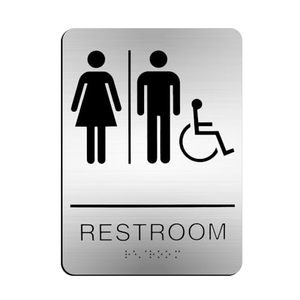 lot 15382 image: ZWIN Restroom Sign for Business ADA Compliant Braille Bathroom Sign 8.27 H x 5.9 W Unisex Handicap Toilet Door Sign with Self Adhesive Back, Brushed Surface Toilet Signage, Silver