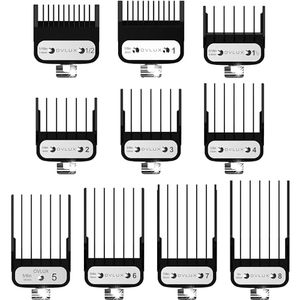 lot 15383 image: Professional set of 10 semi-metal black clipper guards, compatible with most Wahl clippers and ranging from 116 to 1,