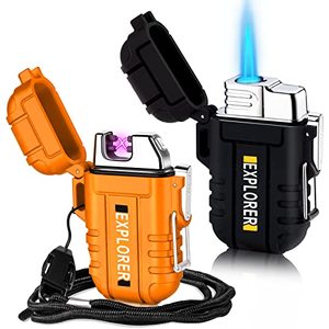 lot 15395 image: 2 Pack Waterproof Lighter for Outdoor, Windproof Torch Lighter, Dual Arc Butane Electric Lighter, USB Rechargeable, Flameless Plasma Lighter for Camping Hiking Adventure Survival Tactical Gear