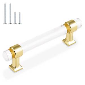 lot 15396 image: Orger 5 Pack Acrylic Cabinet Handles 4 inch Drawer Pulls Modern Decor Gold Kitchen Hardware Cabinet Pull Handles for Dresser Drawers and Cupboards