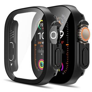 lot 15398 image: TAURI 2 Pack Hard Case Designed for Apple Watch Ultra 2 (2023)  Ultra 1 49mm, with 9H HD Clear Tempered Glass Screen Protector, Full Protection Slim Cover for iWatch 49mm - Black
