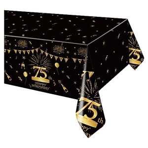 lot 15413 image: Pandecor Birthday Party Plastic Tablecloth,51 x 107 Black and Gold Plastic Table Cover for Birthday Party Decorations (75 Years Old)