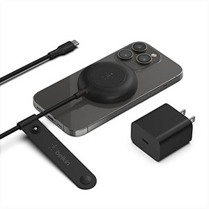 lot 15419 image: Belkin 7.5W Magnetic Portable Wireless Charger Pad - 6.6ft Cable - MagSafe Compatible - Power Supply Included - Black