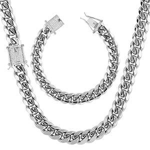 lot 15429 image: putouzip Miami Cuban Link Chain Set For Men 18K Gold Plated Stainless Steel 1012mm Curb Bracelet Necklace Diamond Chains(10mm Ellipse Silver Set, 28inch)