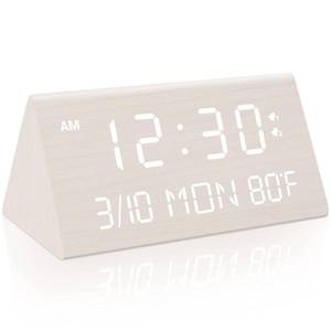 lot 15456 image: Kogonee Wooden Digital Alarm Clock, 0-100% Dimmer, 2 Alarm Settings, WeekdayEveryday Mode, 9 Mins Snooze, 1224H, Temperature and Date Display for Office, Travel, Bedroom Alarm Clock (White)