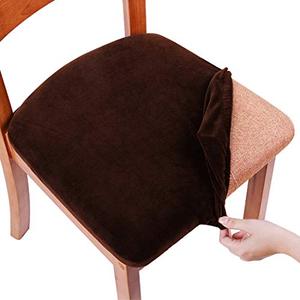 lot 15457 image: smiry Original Velvet Dining Chair Seat Covers, Stretch Fitted Dining Room Upholstered Chair Seat Cushion Cover, Removable Washable Furniture Protector Slipcovers with Ties - Set of 2, Coffee