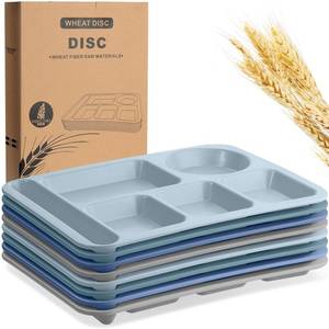lot 15470 image: Pinkunn 8 Pcs Large 14 Inch Wheat Straw Divided Plates Unbreakable Divided Plates Dinnerware Set Microwave Dishwasher School Lunch Tray Lightweight Plates (Beige, Blue Series)