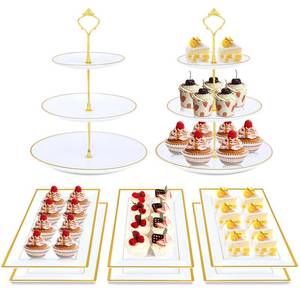 lot 15486 image: 8PCS Cake Stand Set, Plastic Cupcake Stands with Gold Rim, 2PCS 3-Tired Cupcake Stands with 6PCS Serving Trays, Dessert Display Stands Set for Wedding Birthday Party Baby Shower,Tea Party Decorations