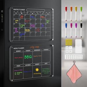 lot 15493 image: 2 Pack Acrylic Magnetic Calendar for Fridge, 12x16 Clear Dry Erase Board Reusable Planning Set, Includes 8 Colorful Markers ,Magnetic Pen Holder