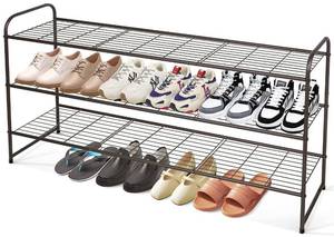 lot 15498 image: KEETDY Long 3-Tier Shoe Rack for Closet Floor Entryway, Wide Shoe Storage Organizer Stackable Metal Shoe Shelf for 24 Pairs Men Sneakers with Wire Grid for Bedroom, Bronze