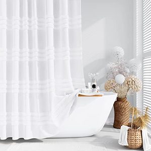 lot 15508 image: Dynamene White Fabric Shower Curtain, Tufted Chenille Striped Textured Cloth Shower Curtain for Bathroom, Modern Farmhouse Shabby Chic Waterproof Shower Curtain Set with Hook, Machine Washable, 72x72