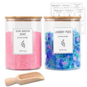 lot 15511 image: Laundry Pods Container with 1 Scoop & 12 Labels for Laundry Room Organization and Storage, 2 Pack 120OZ Glass Jars for Laundry Detergent Pods, Powder, Dryer balls, Scent Booster, Food, Cookies