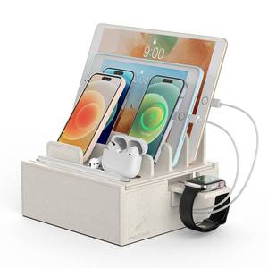 lot 15519 image: Pezin & Hulin Leather Charging Station for Multiple Devices, Dock Station Rack for Cell Phones, Tablet, Smart Watch & Earbuds (Cream)