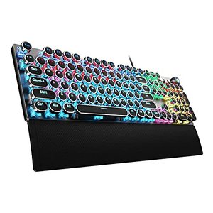 lot 15524 image: AULA F2088 Typewriter Style Mechanical Gaming Keyboard Blue Switches,Rainbow LED Backlit,Removable Wrist Rest,Media Control Knob,Retro Punk Round Keycaps,USB Wired Computer Keyboard