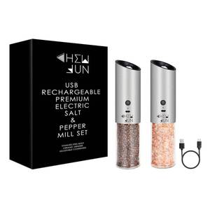 lot 15525 image: USB Rechargeable Electric Gravity Salt and Pepper Grinder Set with Adjustable Coarseness Automatic Pepper and Salt Mill Set with White LED Light,One Hand Operated,Brushed Stainless Steel by CHEW FUN