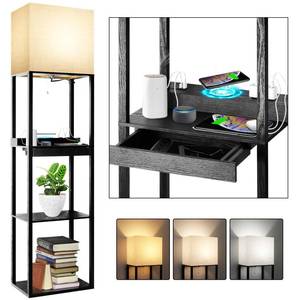 lot 15535 image: RUNTOP Plus Charging Station Floor Lamp with Wireless Charger, 2 USB-C Port, 2 Power Outlet, Floor Lamp with Shelves, 15W LED Bulb, 3 Colors, Memory Function, Standing Lamp for Living Room Bedroom