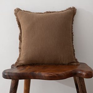 lot 15546 image: Linen Fringed Throw Pillow Cover - Soft Cozy Boho Cushion Covers with Tassel for Couch Sofa Farmhouse Natural Decor Burlap Pillowcase, Brown 18x18 inches