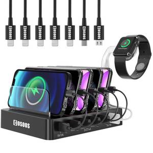 lot 15550 image: COSOOS Power Supplies, USB Charging Station for iPhone 14,Charger Station with 5 Short lPhone Charger Cables,1 Type-C,1 Micro Cable, iWatch Stand,6-Port Charging Station for Multiple Devices